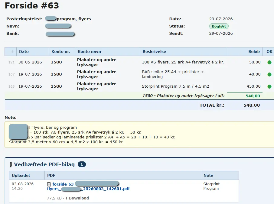 Forside i MitBilag med tre bilagslinjer og vedh&aelig;ftet PDF