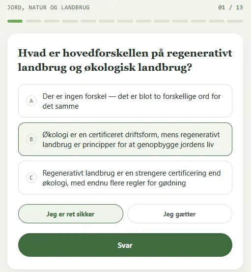 Sp&oslash;rgsm&aring;l fra Jord-quizzen med tre svarmuligheder